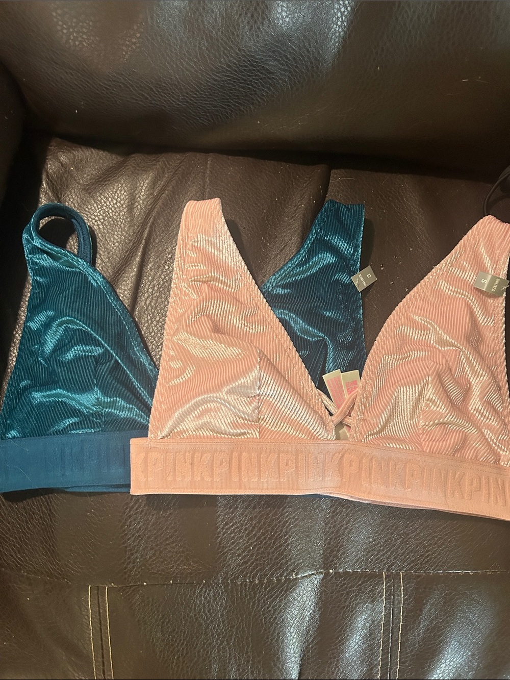 PINK Victoria's Secret Ribbed Velvet Bralette Duo - Coral Pink & Teal